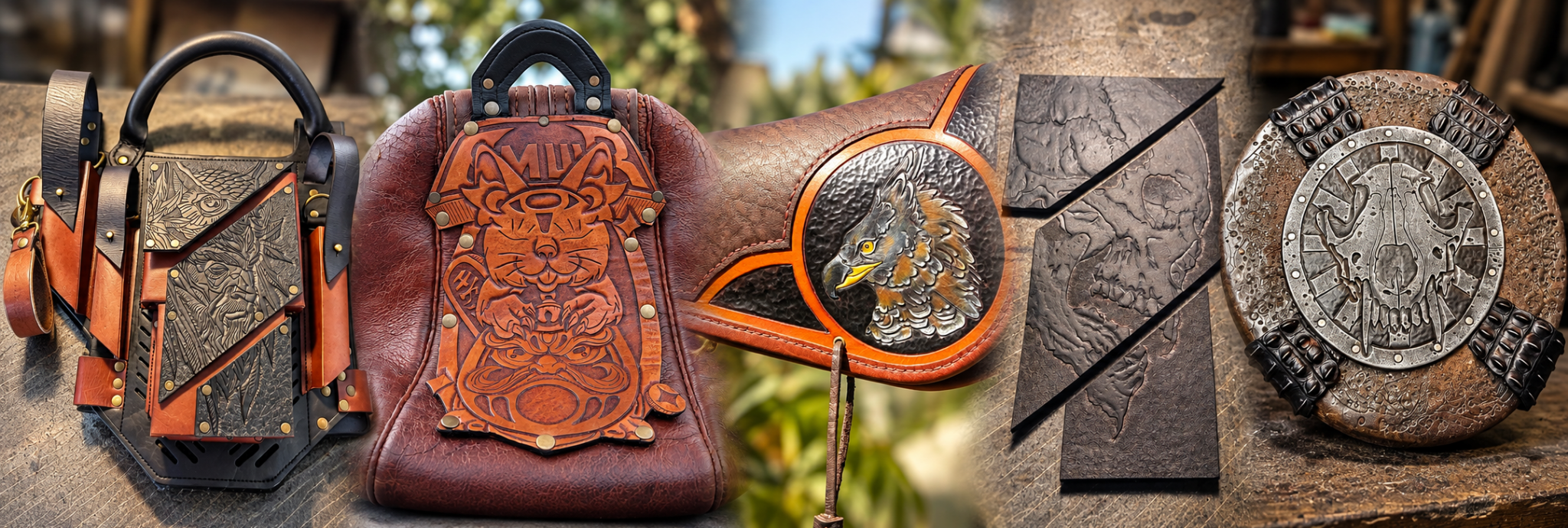 Carved and tooled leatherwork, bespoke bags, eagle detailing and a circular armour-style piece