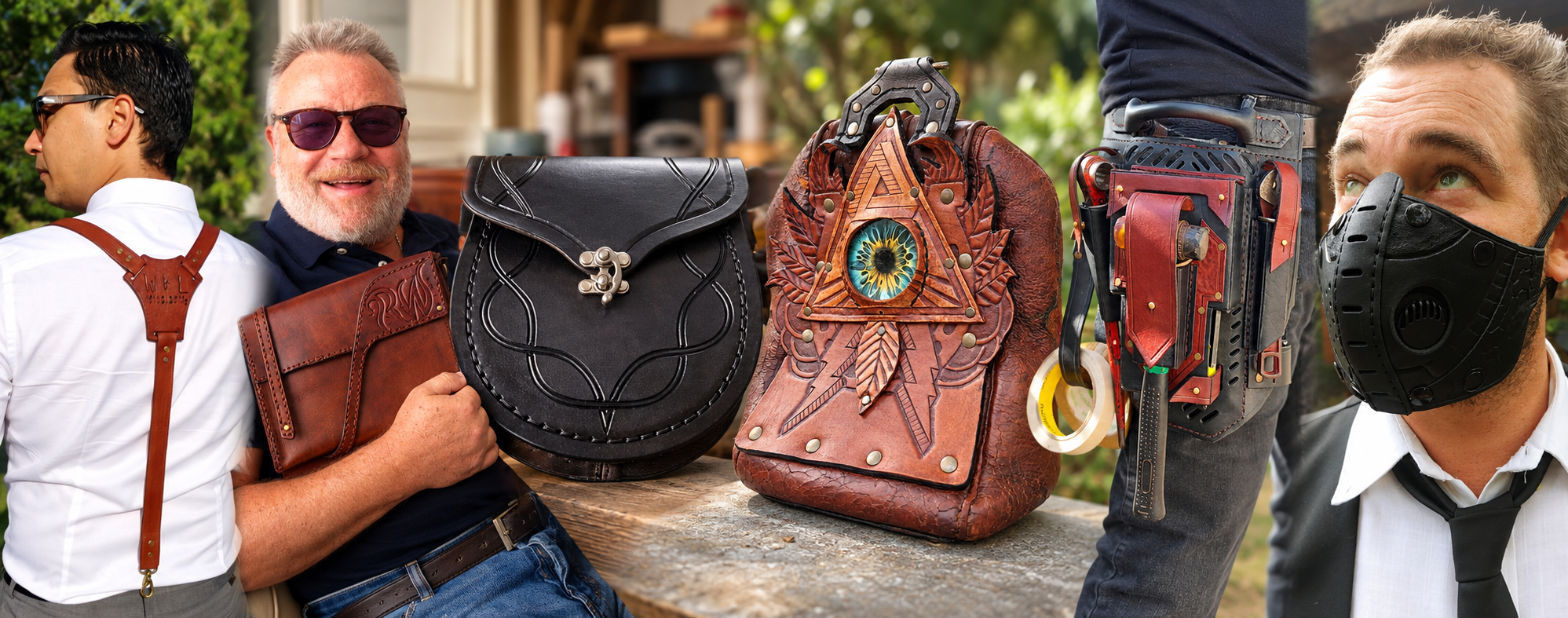 Functional bespoke leatherwork including bags, wearable pieces, a tool-carrying system and a mask