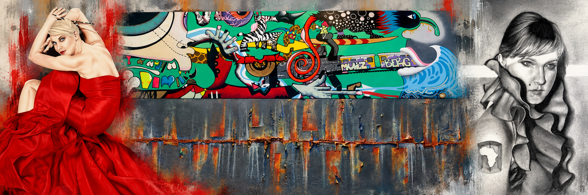 Selected fine art including a colourful panoramic painting, rust-and-charcoal abstract, figurative painting and graphite portrait