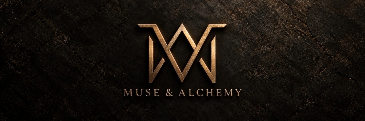 Muse & Alchemy bronze logo and name on a dark textured background