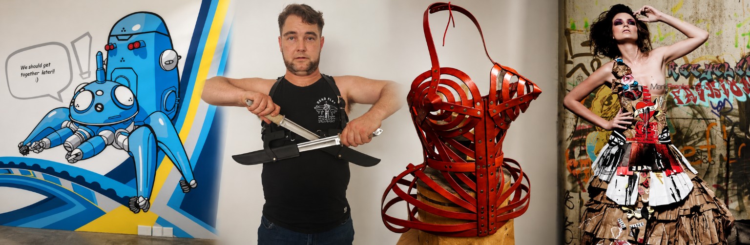 Selected projects including a graphic mural, a wearable utility piece, a red sculptural bodice and a constructed dress